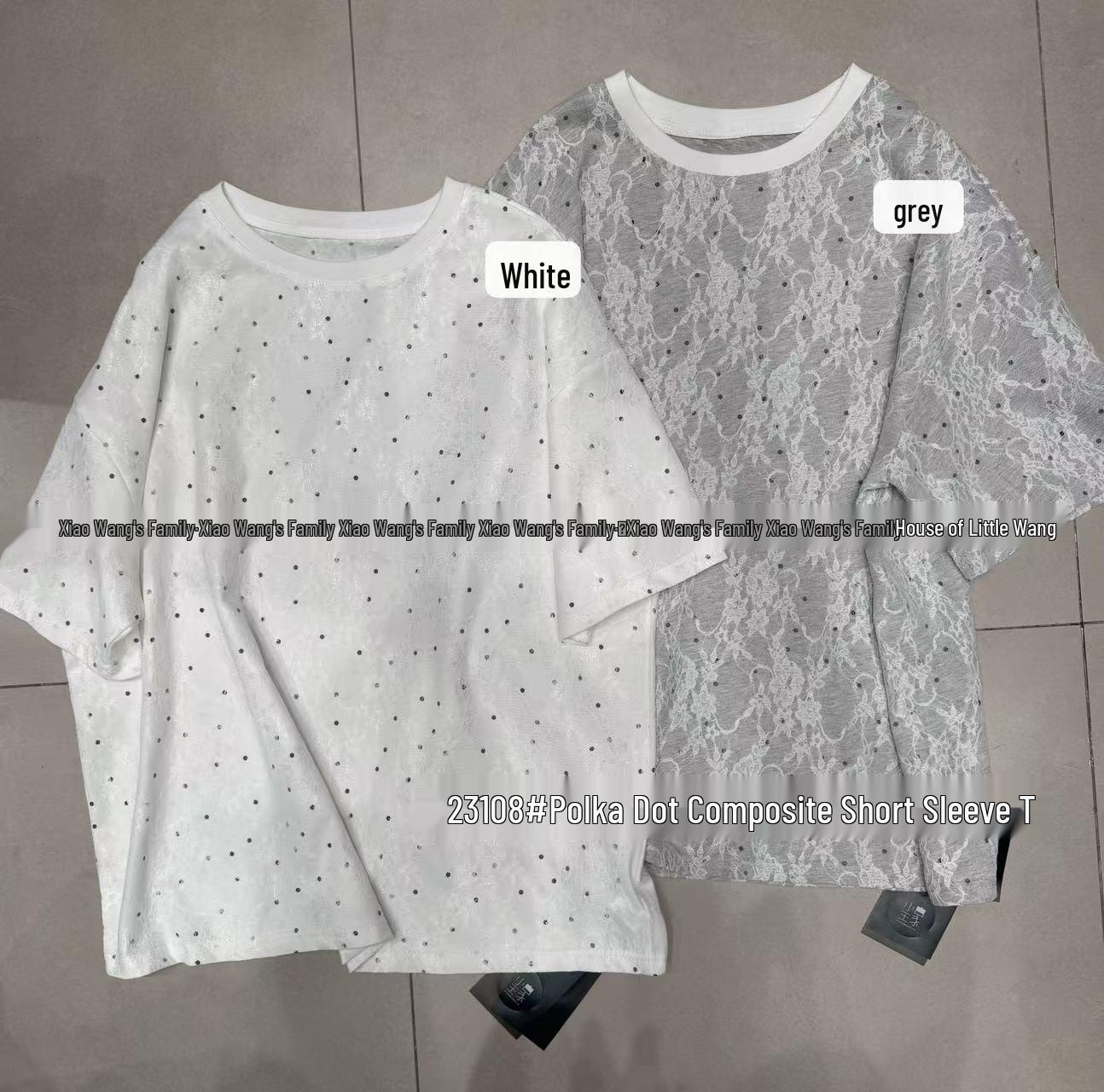 

Летняя футболка Xiao Wang в корейском стиле большого размера в горошек с кружевными рукавами до локтя One Size серый