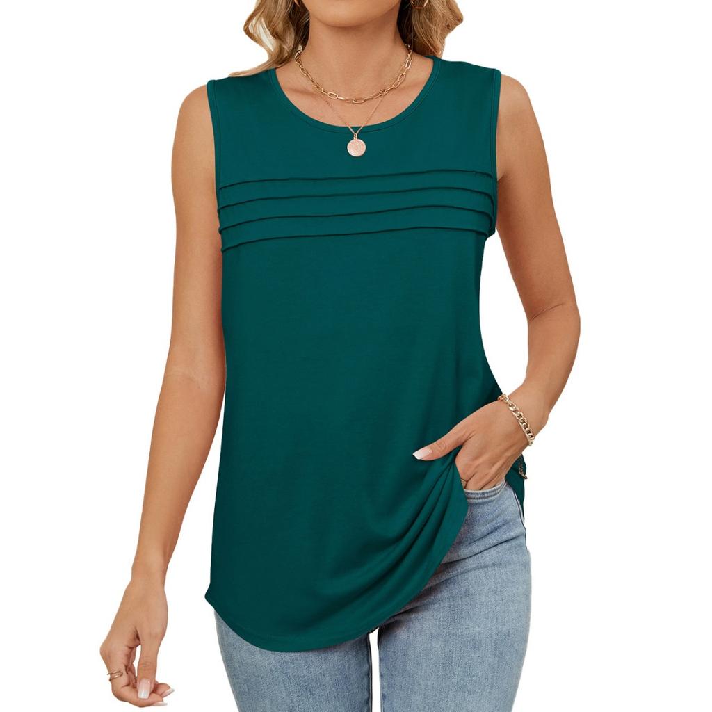 Spring Summer New Women's Solid Color Crew Neck Loose Sleeveless T-shirt Vest Casual Daily Tops For Leisure Leisure Trade Ready To Ship