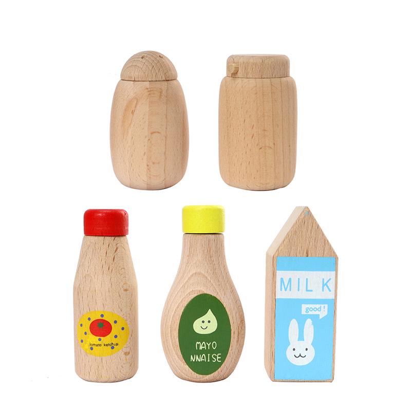 Toddler Pretend Play Kitchen Set: Wooden Pepper, Seasoning, & Soy Sauce Bottles