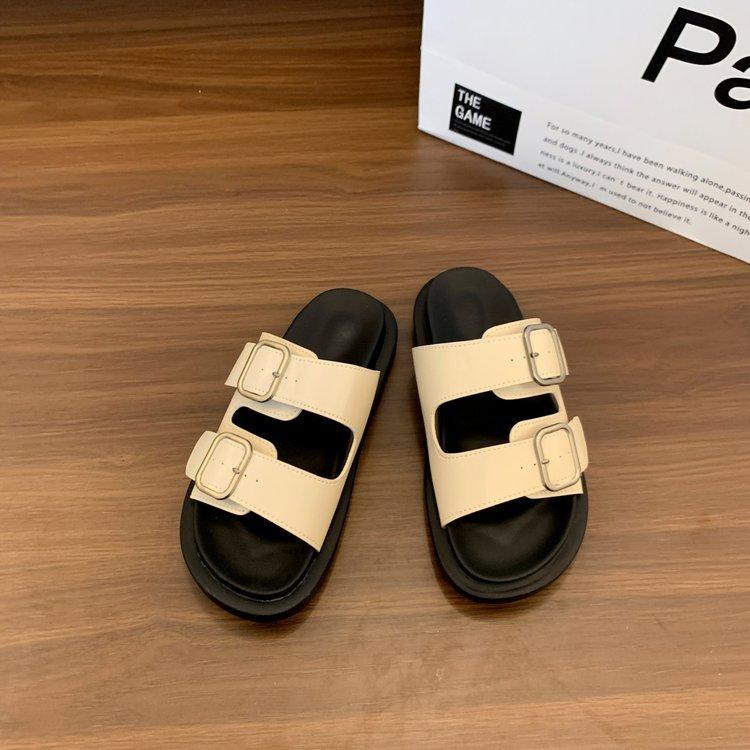 

White silver~ thick-bottomed casual cool slippers female summer Internet celebrity outer wear fashionable versatile belt buckle one-word drag female 40