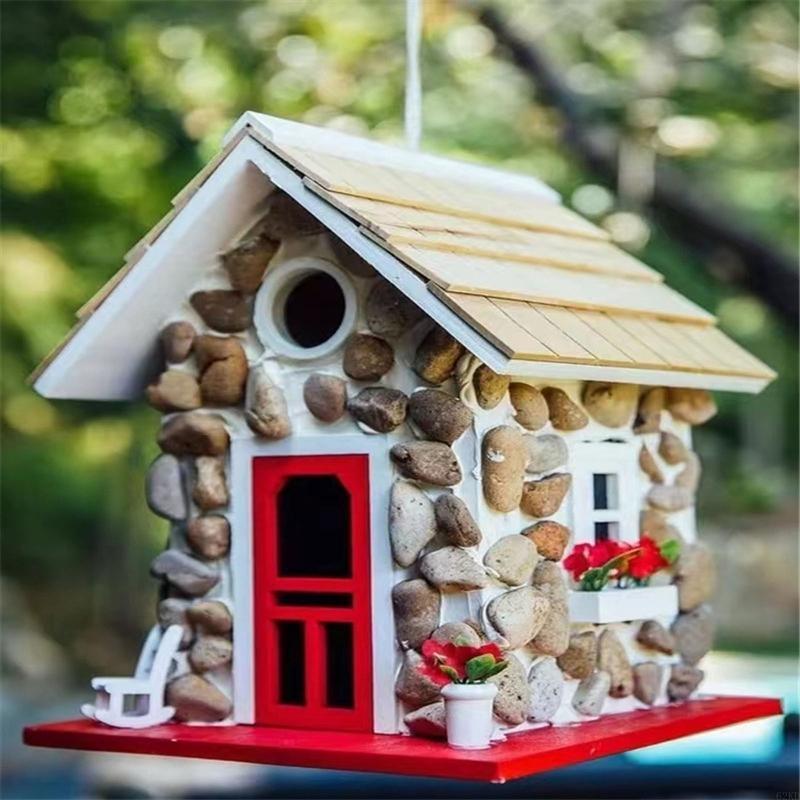 62KD Mini Cottage Hanging Bird House for Outside with Rope Similation Wooden Decorative Bird Feeder House for Hummingbirds