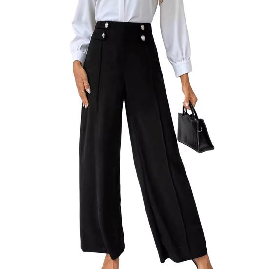 Women Pants High Waisted Wide Straight Leg Trousers Spring Autumn Casual Trousers with Button Detail for Work Daily Wear