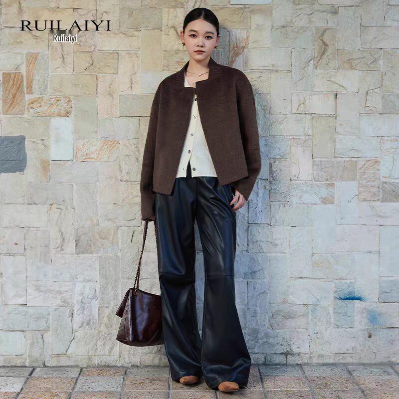 

RUILAIYI Women s Double-faced Wool Blend Short Coat with Knit Collar