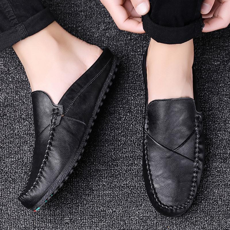 Summer Half Shoes For Men Mules Luxury Designer Slip On Flats Men Casual Driving Shoes Leather Semi-Drag Loafers Slippers 2025
