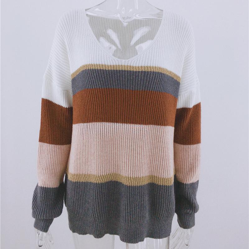 

IHUASU Женский осенне-зимний полосатый вязаный свитер с V-образным вырезом XL