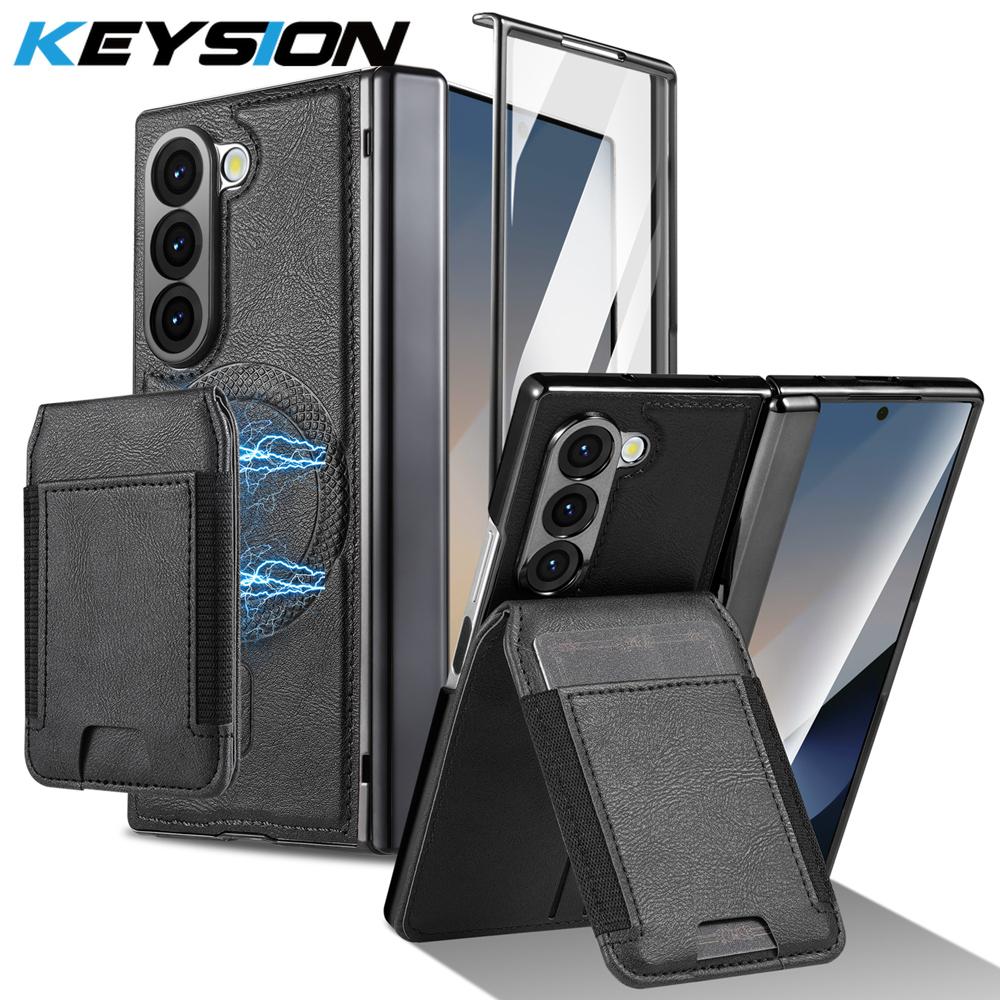 KEYSION PU Leather Phone Case for Samsung Galaxy Z Fold 7 6 5 4 3 Shockproof Cover With Magnetic Card Holder Bag Hinge Screen Protector