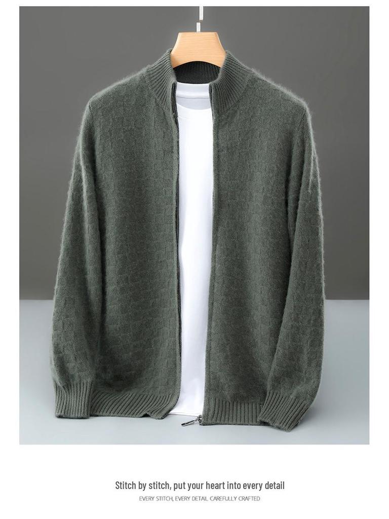 Men's Trendy Plaid Jacquard Wool Cardigan: Loose, Versatile, Long-Sleeved, Knitted, Cashmere Blend, Seven-Needle Thick.