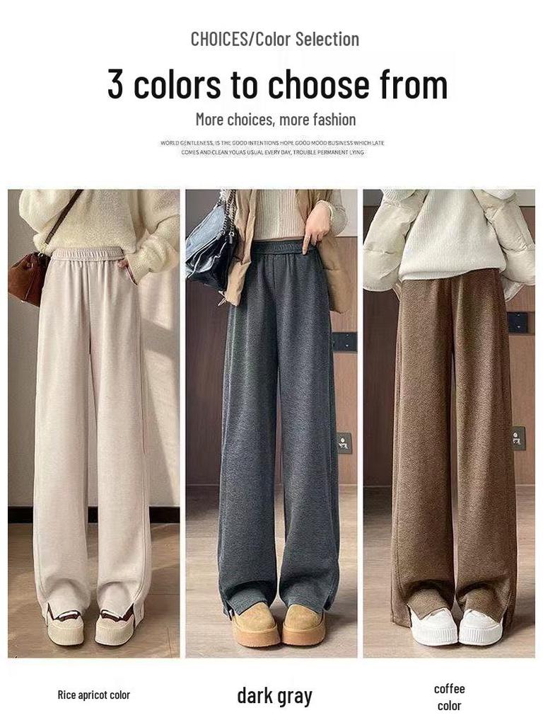Plus Size Women's Fleece-Lined Wool Blend Split Wide-Leg Pants