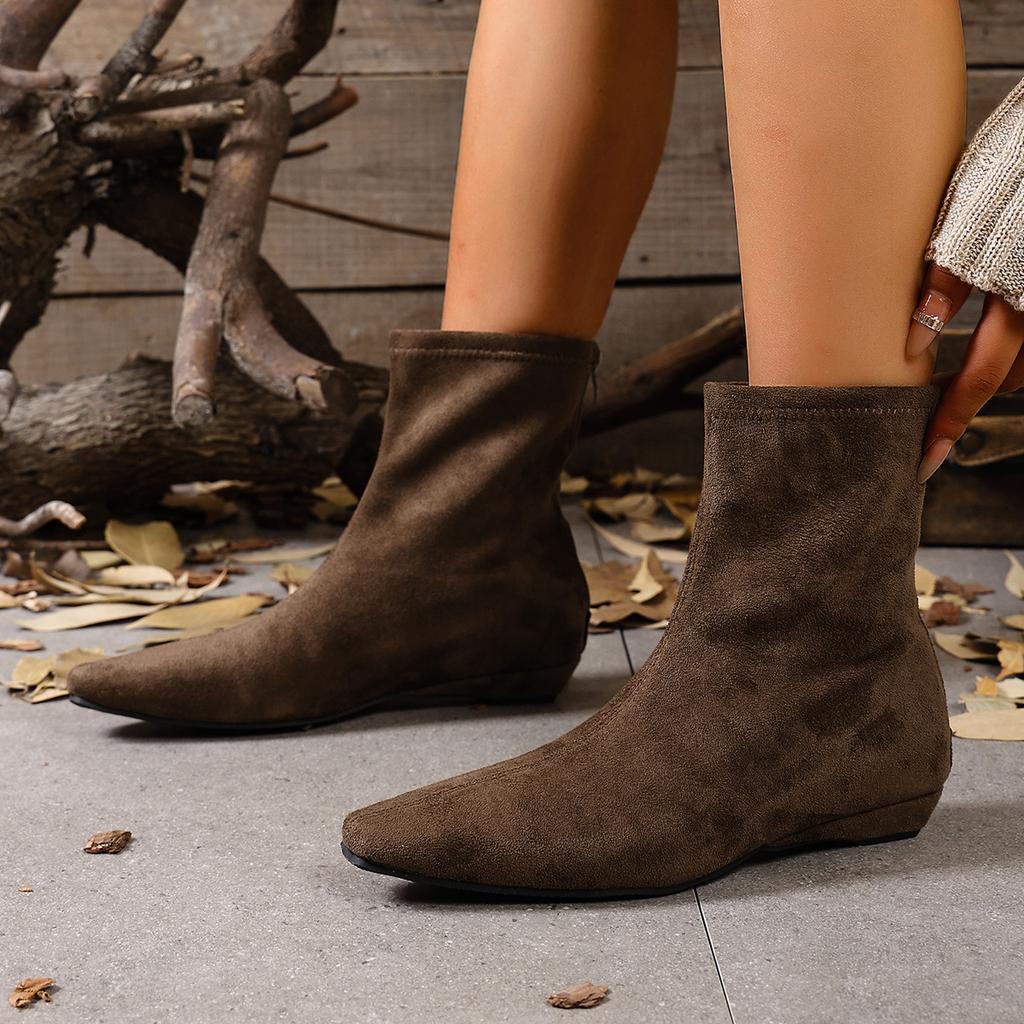 Foreign Elastic Skinny Boots Short Boots Women's Inner Height Increase 2025 Autumn New Pointed Suede Flat Bottom Fashion Naked Boots
