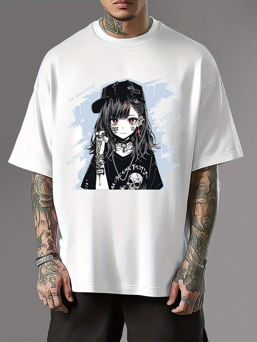 

Punk Anime Girl Printed T-Shirt - Men s Round Neck Short Sleeve Casual Street Style Knitted Top 5XL різнокольоровий