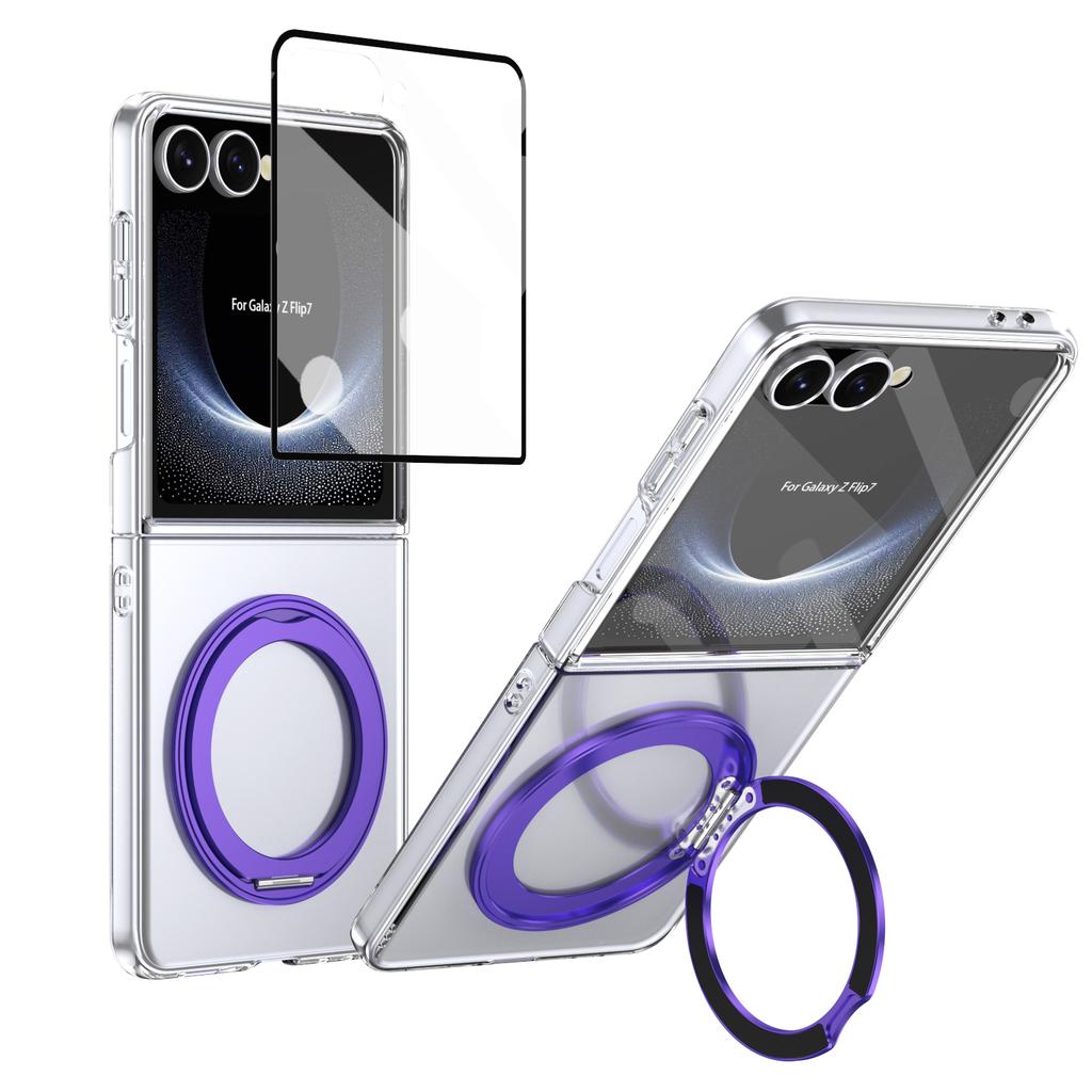 Metal Ring Stand Magetic Case for Samsung Galaxy Z Flip 8 7 6 5 4 with 360 Swivel Bracket Clear Cover Clear Glass Screen Protector