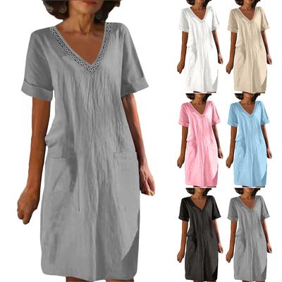 V-Neck Short Sleeved Cotton Linen Solid Color Medium Length Dress For Women