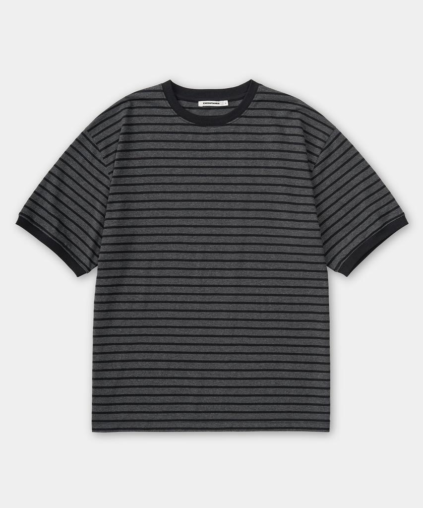 EXCONTAINER [Crop] Ribbed Stripe Half Ringer T-Shirt (Charcoal Grey)