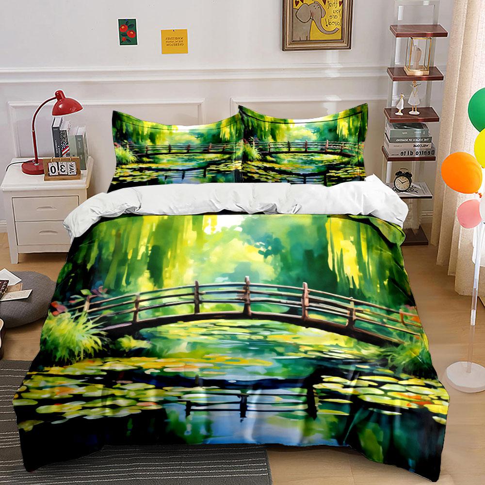 Tranquil Garden Bridge Scenery Set  Kid'S And Adults' Bedroom Decor, Exquisite Three-Piece Bedding Set Gift