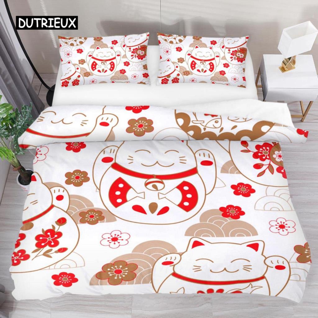 Japanese Lucky Cat Duvet Cover Set Kawaii Cats Bedding Set for Kids Boys Girls Exotic Style Black White Kitten Comforter Cover