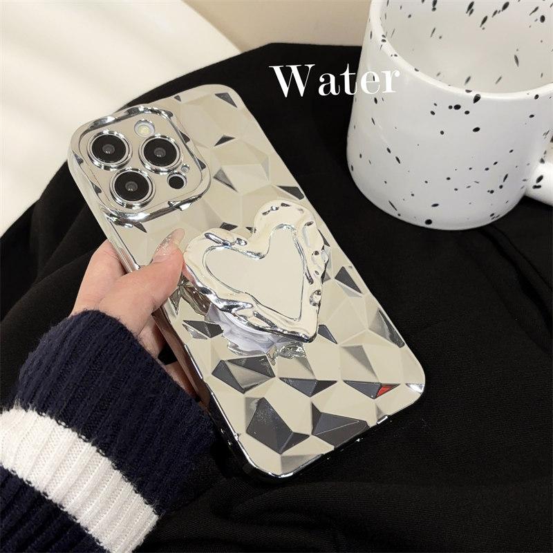 Luxury 3D Diamond-patterned Plated Love Stand Case for iPhone 15 Pro Max 14 Plus 13 12 11 7 8Plus SE 2020 All-inclusive Fall Protection Cover