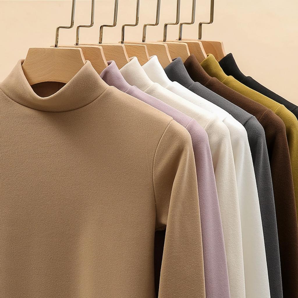 Half High Neck Double-sided German Velvet Base Shirt for Women , with Solid Color and Thick Velvet Inside, Warm Long Sleeved Top