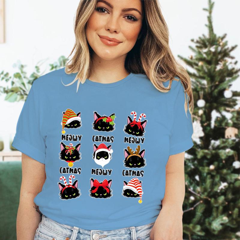 Merry Christmas Cat Classic Tshirt Santa Cat Lover Gift for Christmas Crew Neck Womens Clothing Festive Short Sleeve Tshirts