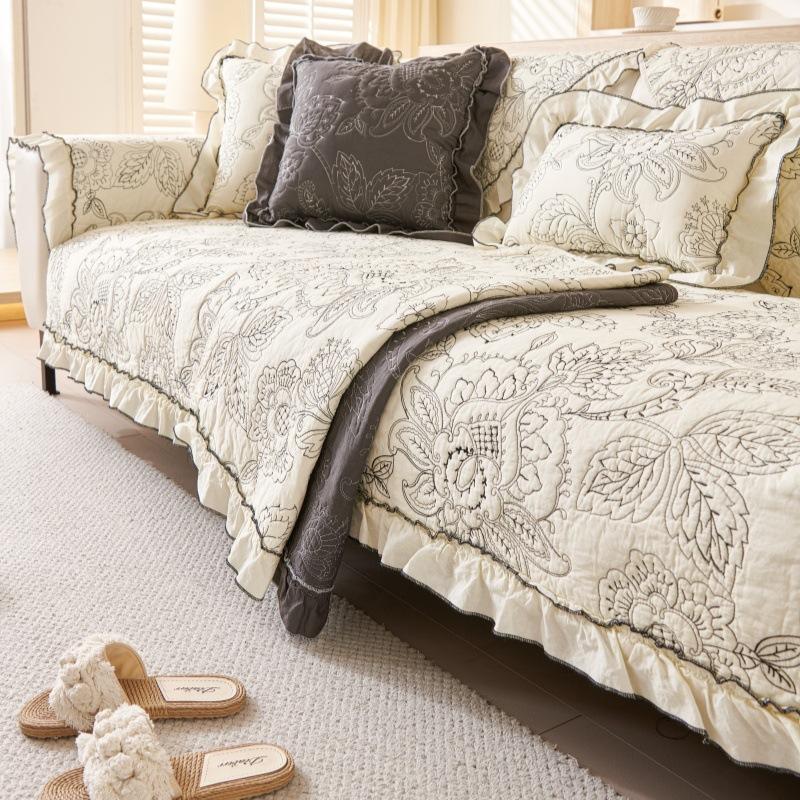New High-End Embroidery French Retro Embroidery Cotton Sofa Cushion Back Towel Sofa Cover Cloth Machine Wash