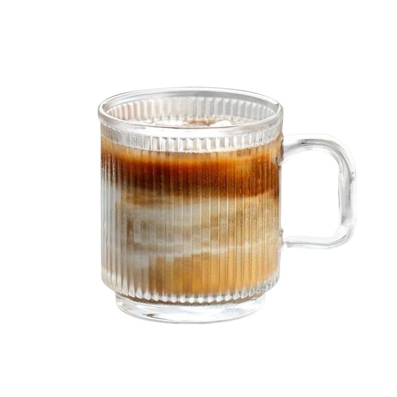 1/2PCS Vertical Grain Glass Coffee Cup 340ML Water Cup With Handle Suitable Iced Coffee Juice Cup Valentine's Day Gifts