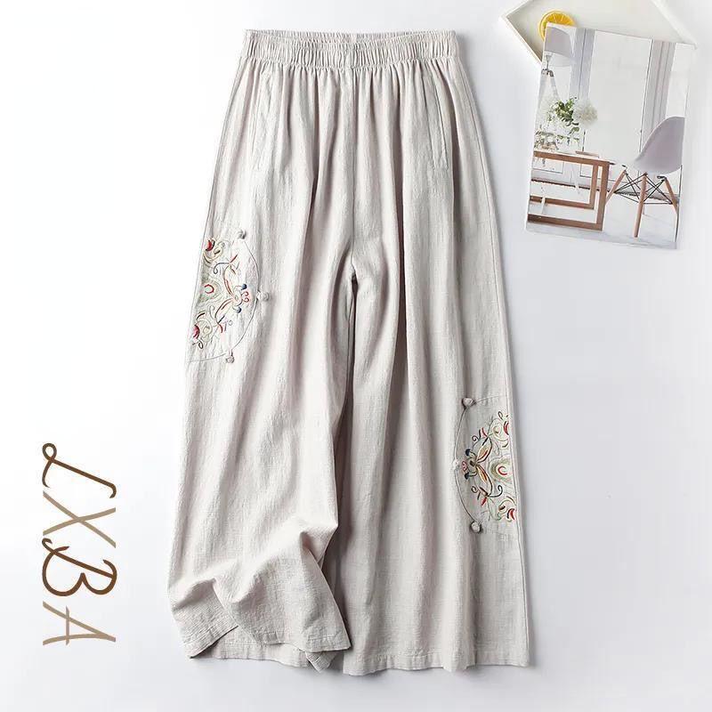 Summer Ladies Cotton Linen Casual Pants Retro Ethnic Wind Embroidered Wide-legged Pants Thin Nine-point Pants