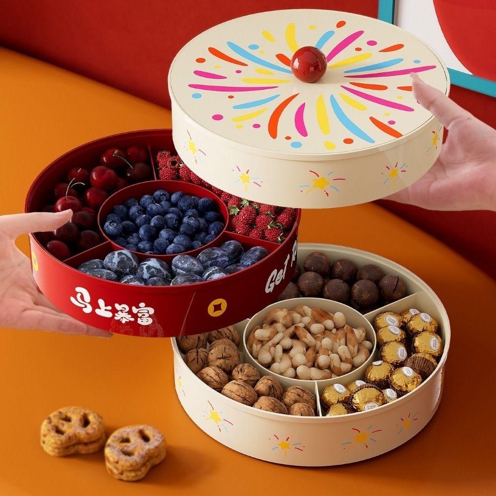 Round Dried Fruit Serving Tray Sealed Snack Plate Divided Candy Dessert Dish New Year