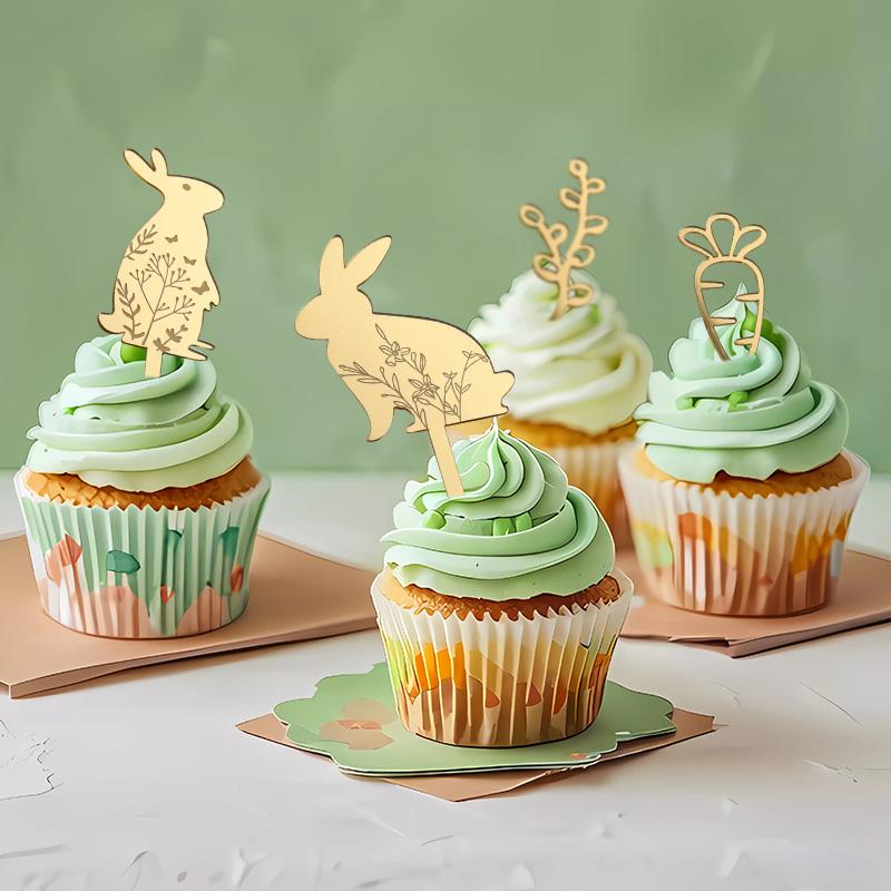 5Pcs Easter Cute Bunny Cake Decoration Gold Acrylic Rabbit Carrot Cupcake Topper Happy Easter Party Dessert Decoration Kids Gift