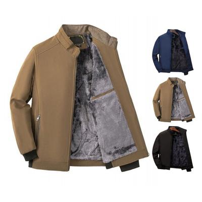 Men Fall Winter Coat Thick Plush Stand Collar Neck Protection Long Sleeve Thermal Cold Resistant Zip Up Cardigan Solid Color Windproof Mid-aged