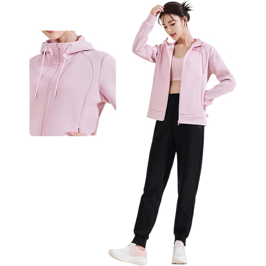 Anta Sports Lifestyle Series Solid Color Comfortable Fitted Cardigan Straight Leg Simple Versatile Long Pants Fitness Set Women Sets Black 962517201-3