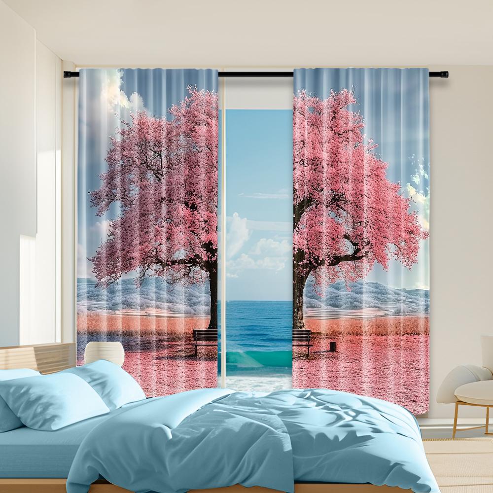 

Set Of 2 Versatile Polyester Transparent Curtains Home Decoration Pink Landscape Tree Leaves Use Bedrooms Curtain For Sleeping Area Made W100*H70(CM)-Grommet top&2PCS
