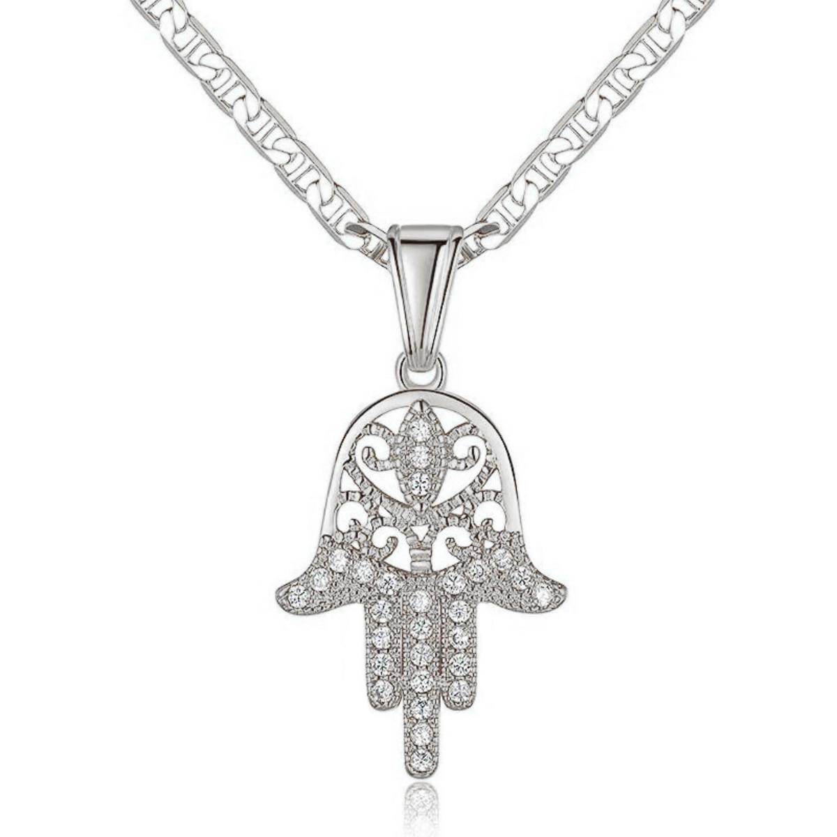 Open Filigree Hand Shape Full Paved Round Zircon Pendant Figaro Chain Women Men Necklace