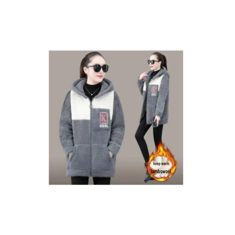 Damski sweter-płaszcz z haftem, blokami kolorów, z wełny jagnięcej - Średniej długości, podszyty polarem, sztuczne futro, luźny krój, Moda jesień/zima