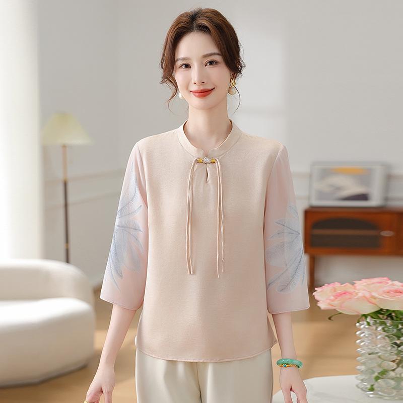 

2026 Summer Stylish Chinese Mom Seven-Sleeve T-shirt 4XL (67.5-72.5 kg) бежевый