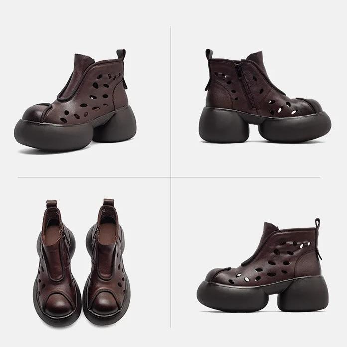 Johnature Genuine Leather Round Toe Hollow-out Thick Soled Boots Retro High Heels Women's Platform Shoes