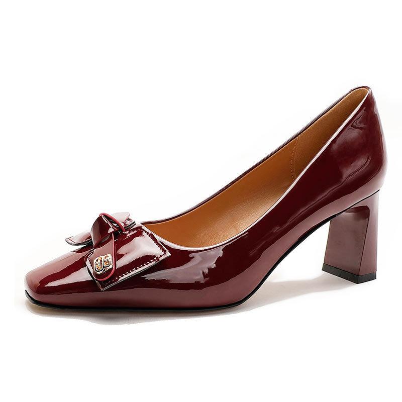 Thick heel French high heels red wedding shoes 2025 new autumn women's shoes bow patent leather square head shallow mouth single shoes