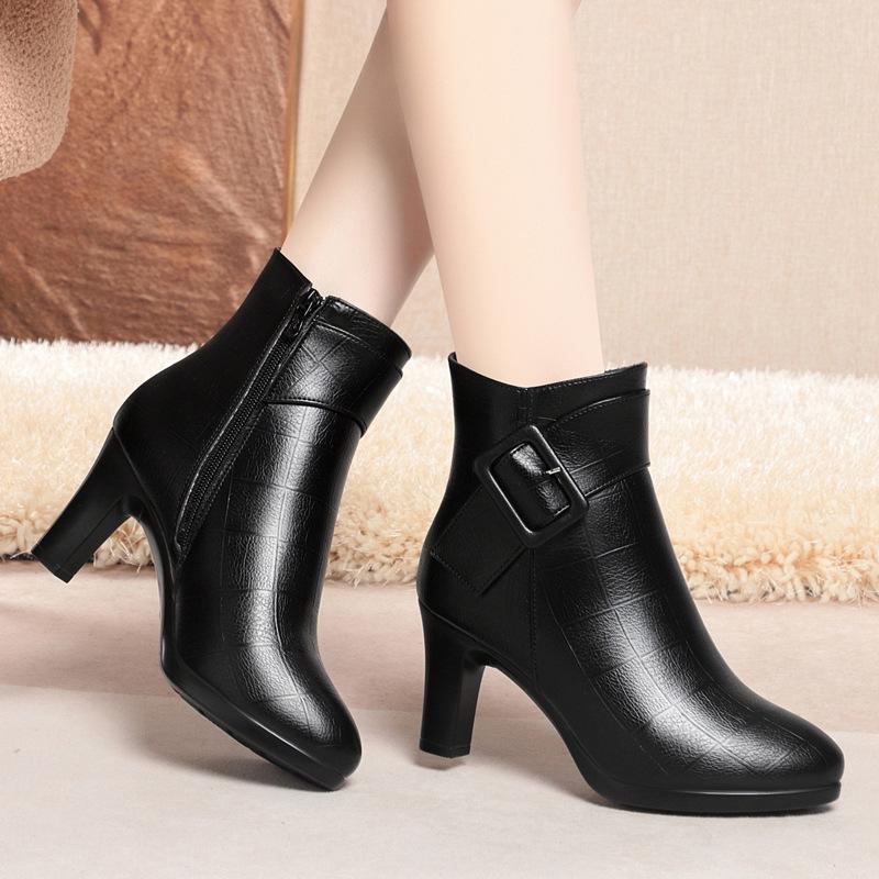thick-soled high-heeled short boots for women's autumn and winter new short women's boots waterproof table thick-heeled women's leather boots