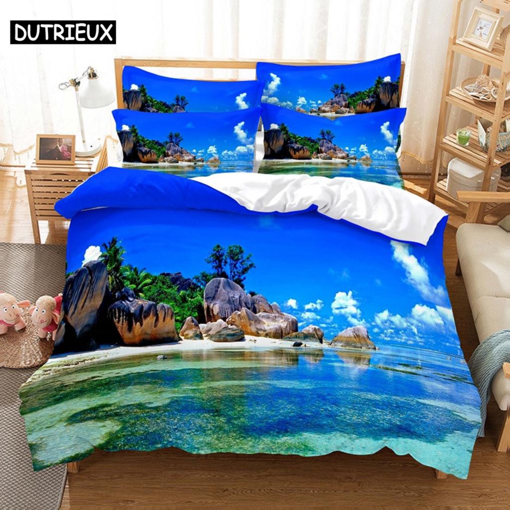 3D Digital-Printed Beach Coconut Tree-Themed Duvet Cover Set In Queen Size - Fashionable Bed Linen Design