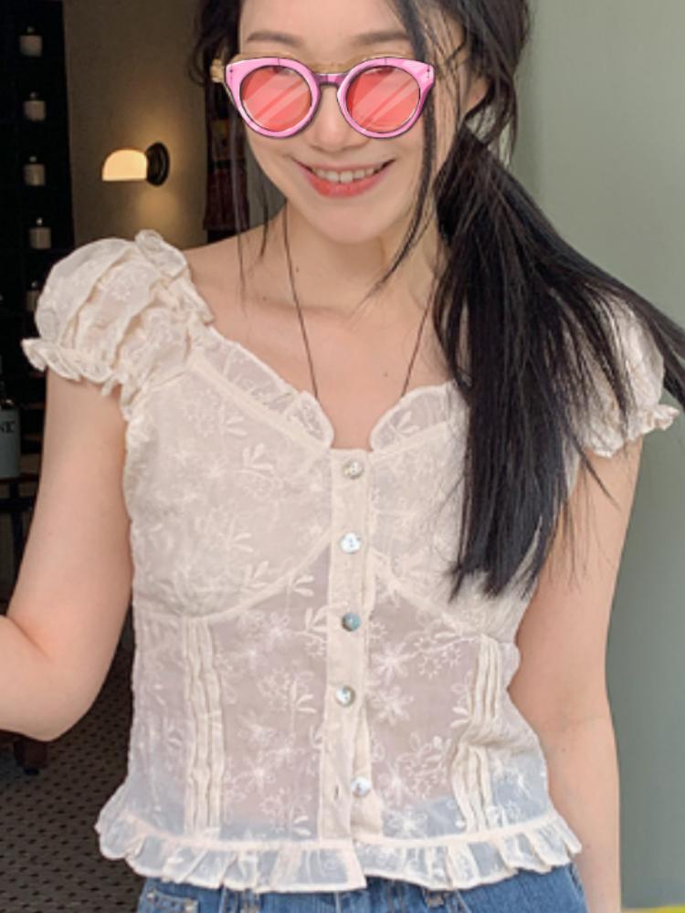 

Короткие укороченные топы на пуговицах, хлопковые кружевные рубашки, шикарные корейские дизайны, летние женские блузки в японском стиле с небольшими оборками