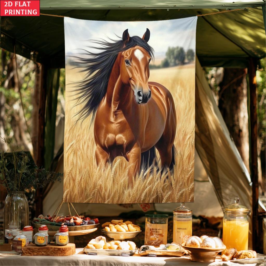 Horse In Golden Field Realistic Animal Art Wall Tapestry Rustic Farmhouse Decor Living Room Bedroom Horse Lover Gift