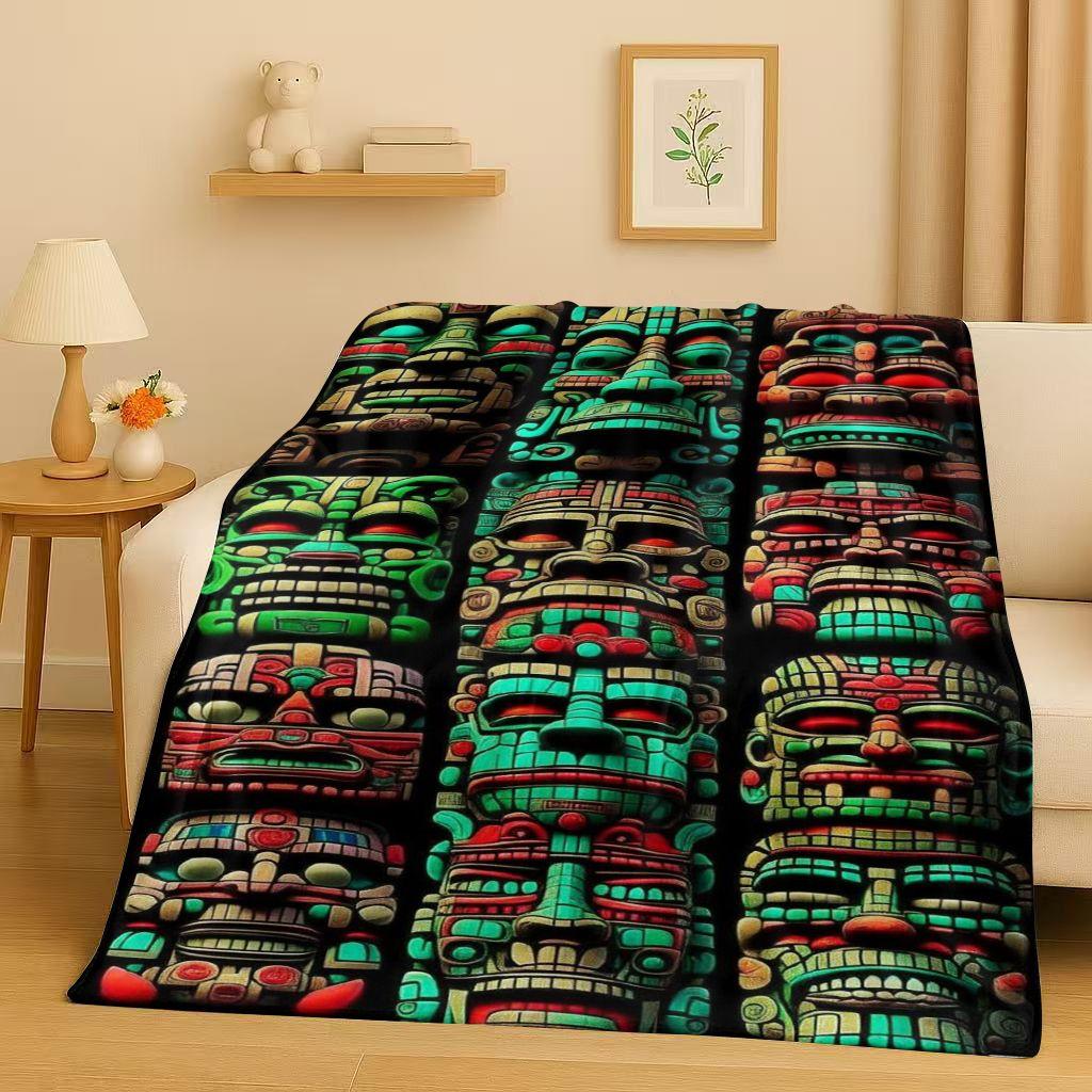 Retro Aztec Totem Maya Mask Sun God Flannel Blanket,Ultra Soft Warm Plush Throw for Home Bedroom Bed Sofa Cover Office Gift Kids