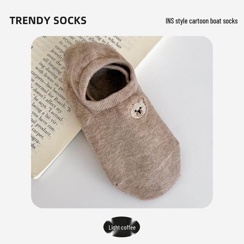 

Милые мультяшные носки с вышивкой медведя, летние, нескользящие - женские, низкие, невидимые One Size света кофе