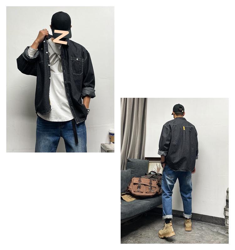 Men’s American Retro Striped Denim Long-Sleeve Shirt: Casual Versatile Spring/Autumn Jacket