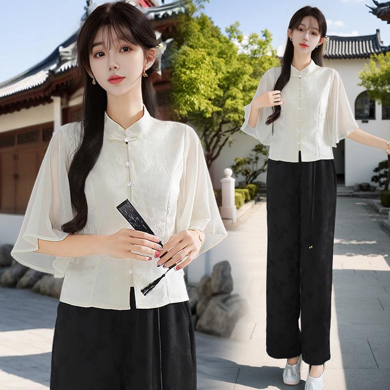

Women s 2025 Summer Chiffon Blouse with Frog Button - New Chinese Style L