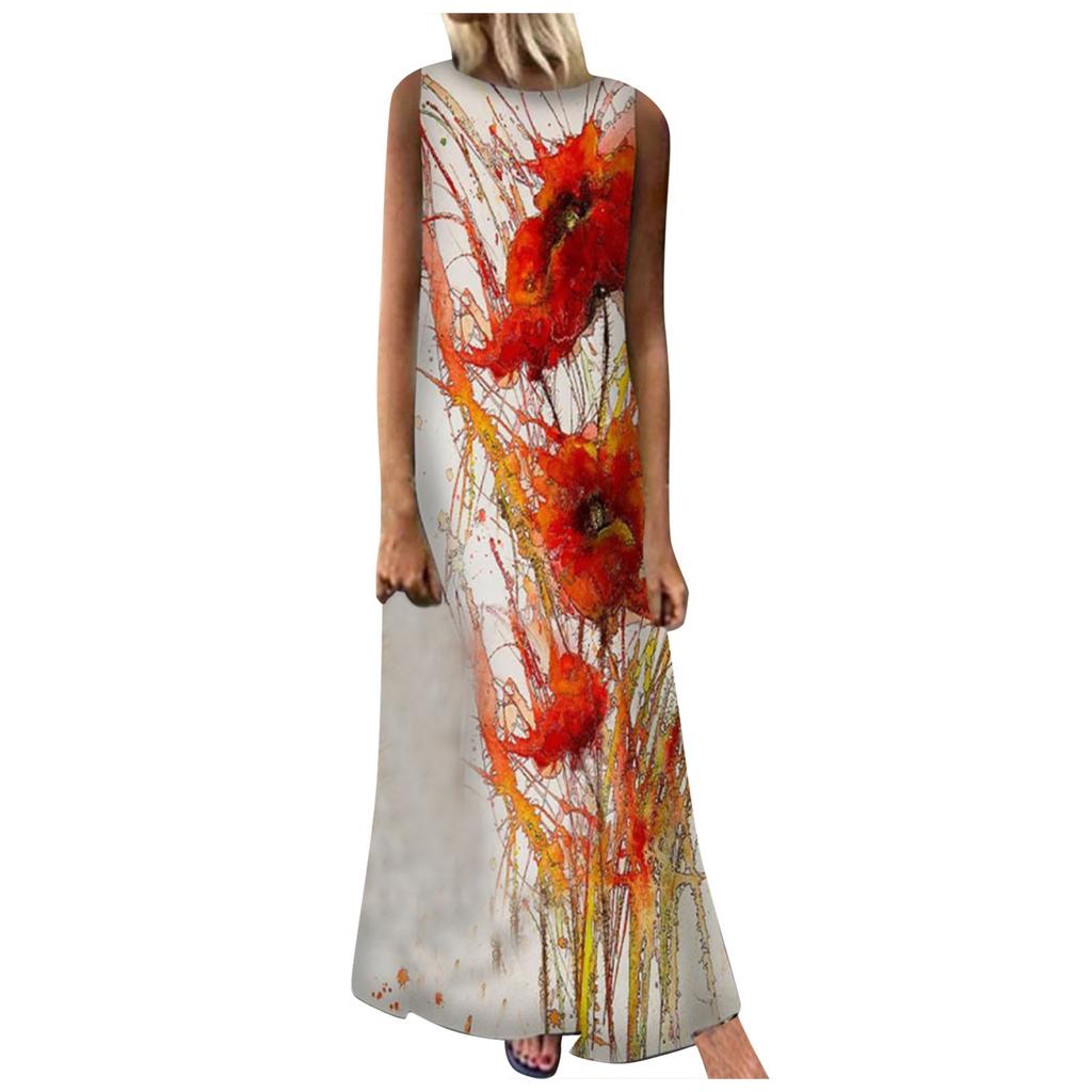 Women Boho Summer Sleeveless Sling Printed Casual Loose Long Dress