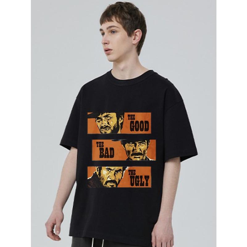 Men's Black T-Shirt The Good The Bad The Ugly Movie Characters Print Casual Streetwear Top for Daily Wear and Film Fans