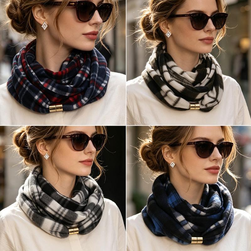 1-5PCS Autumn Winter Women Plaid Neck Warmer Magnetic Button Tie Knitted Warm Soft Decorative Scarf for Home Party Gift Daily