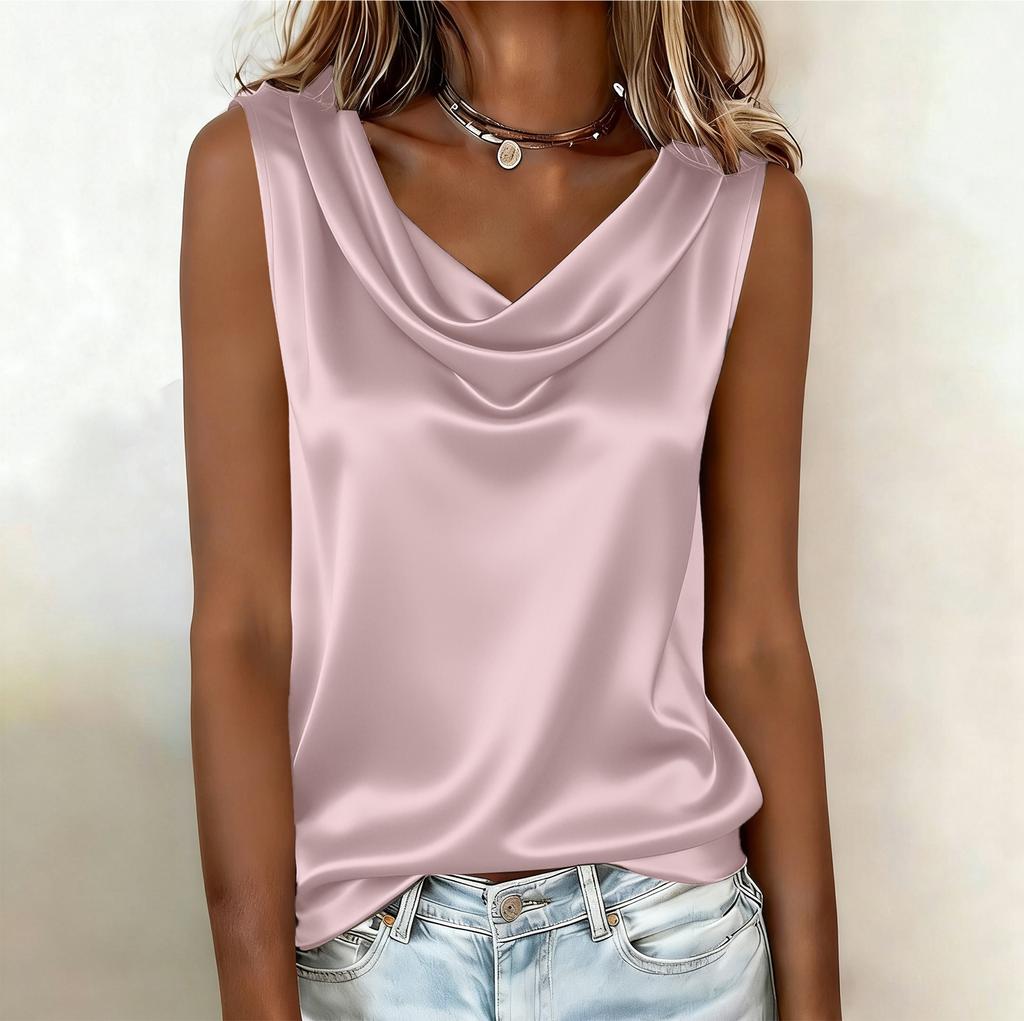 Women’s Sleeveless Satin Cowl Neck Blouse Relaxed Fit Pullover Top Lightweight Soft Tank Shirt for Daily Wear
