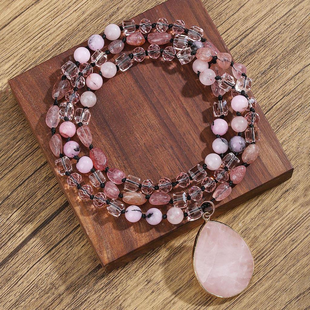 Bohemian Rose Quartz Faceted Crystal Pendant Necklace