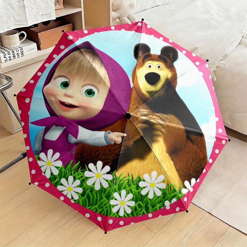 Cartoon Russian Animation Fairy Tale Masha and the Bear Cartoon Umbrella, a Must-have for Home and Outdoor Travel, Foldable Wrought Iron Umbrella W3