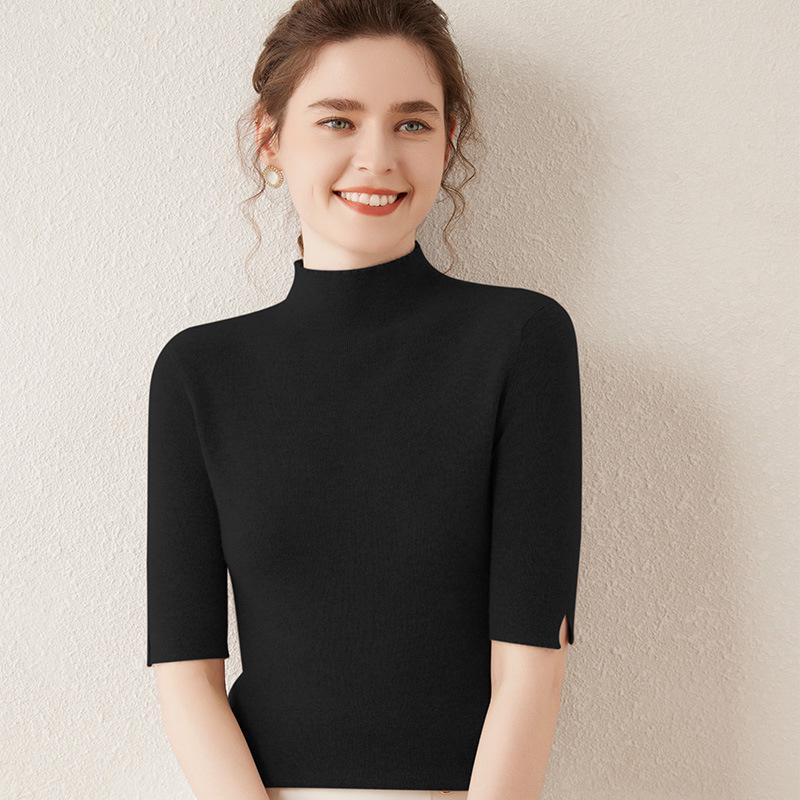 Women's Half-High Collar Cashmere Sweater - Slim Fit, Five-Point Sleeves, Spring/Autumn 2024 Collection